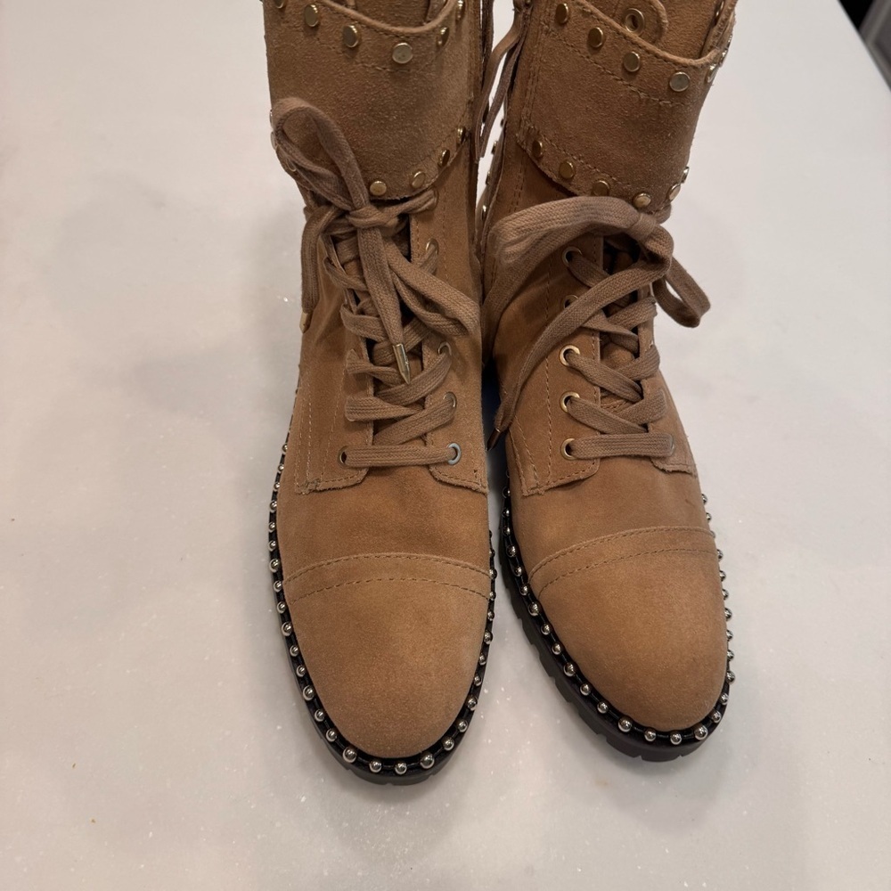 NEW Sam Edelman “Jennifer” Womens  Boots Camel Suede Lace & Zip Up Studs Sz 8 - Picture 6 of 13